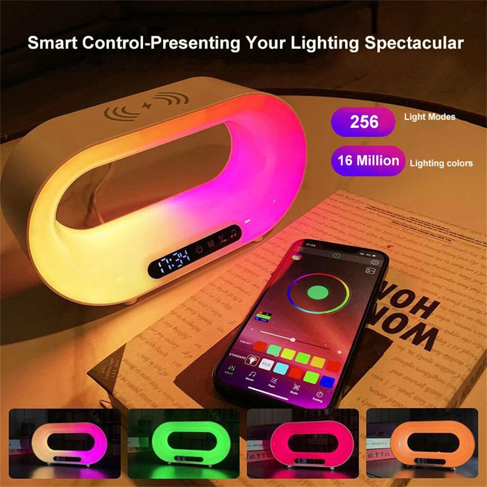 (image for) Multi-function 3 In 1 LED Night Light APP Control RGB Atmosphere Desk Lamp Smart Multifunctional Wireless Charger Alarm Clock