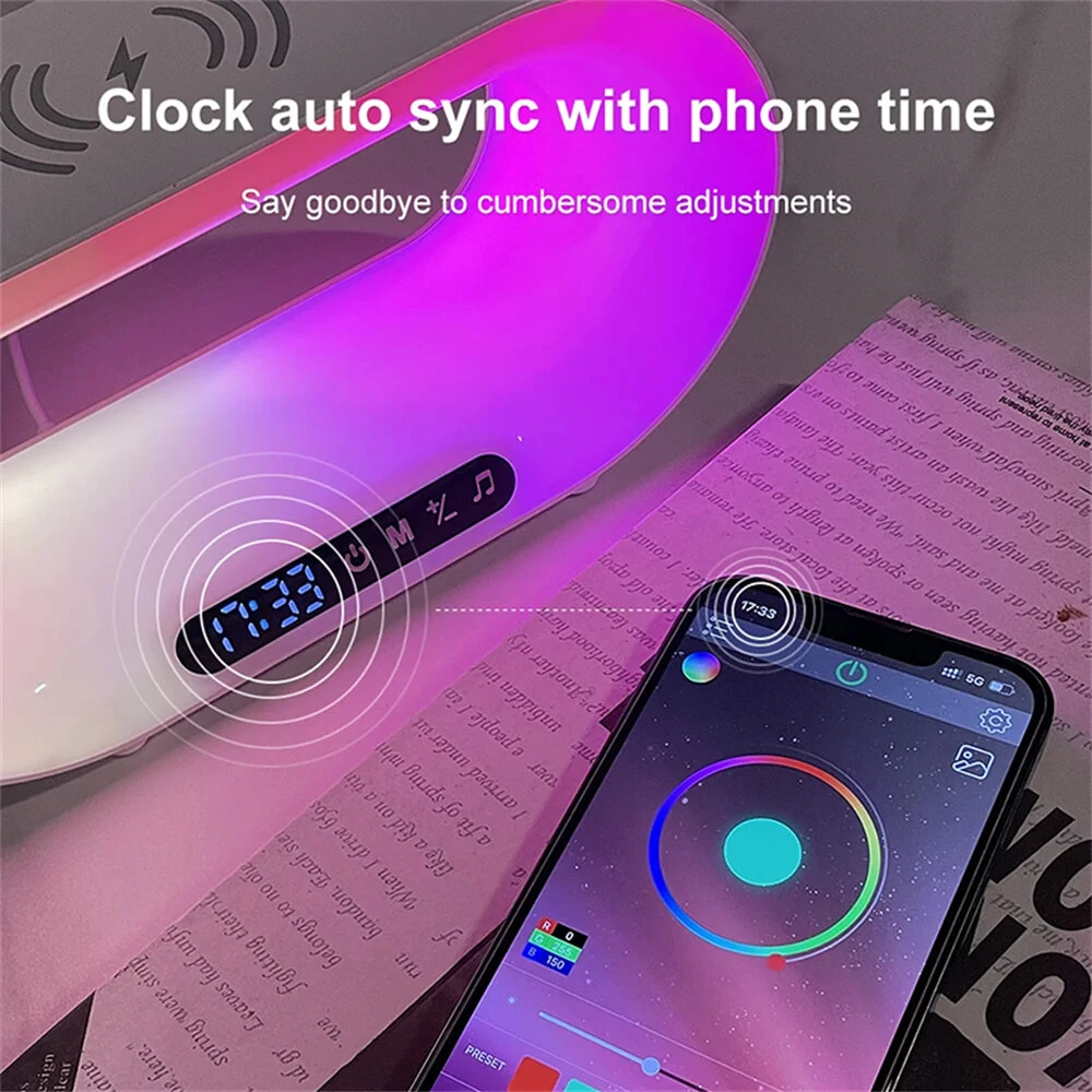 (image for) Multi-function 3 In 1 LED Night Light APP Control RGB Atmosphere Desk Lamp Smart Multifunctional Wireless Charger Alarm Clock
